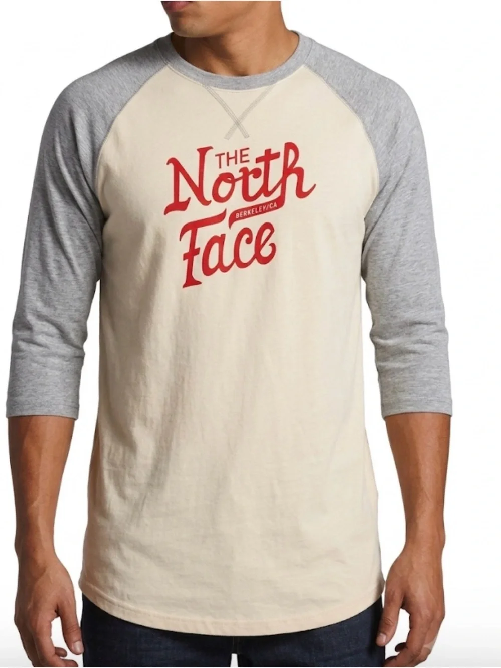 The North Face Berkeley CA Script Logo Raglan Baseball Tee Mens Large Cream Gray
